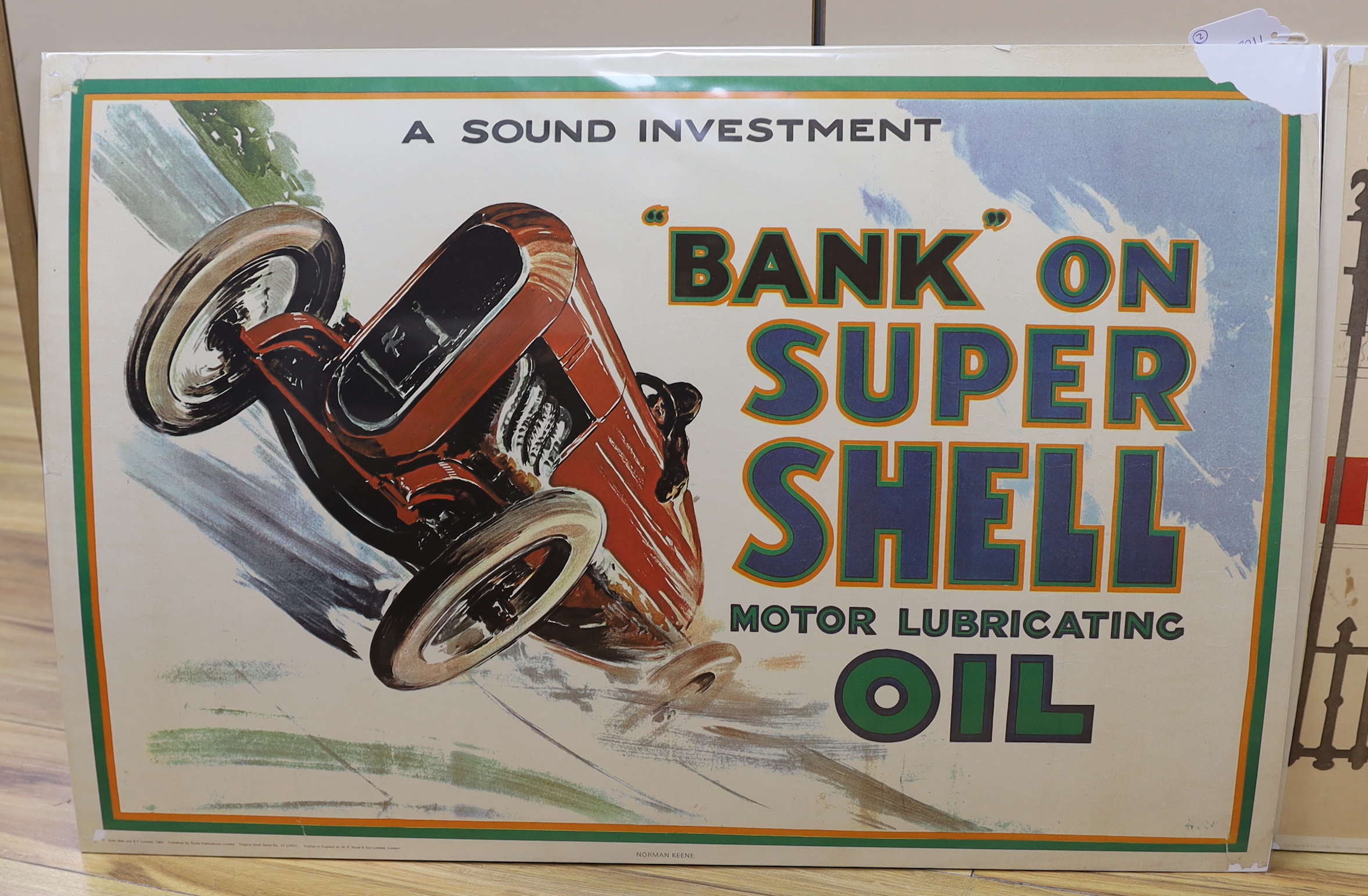 Two 1960's Shell Oil advertising posters, one with artwork by Ben Nicholson, both published by Royle Publications Ltd, 1969, both in protective card-backed transparent slips 65cm x 50cm